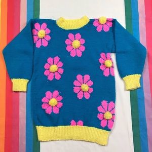 Vintage 80s Blue Knit Handmade Pink Daisy Sweater Long Sleeve Small